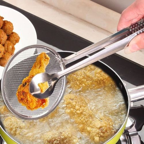 Multi-functional Stainles Steel Filter Spoon With Clip Oil-Frying Filter Silver
