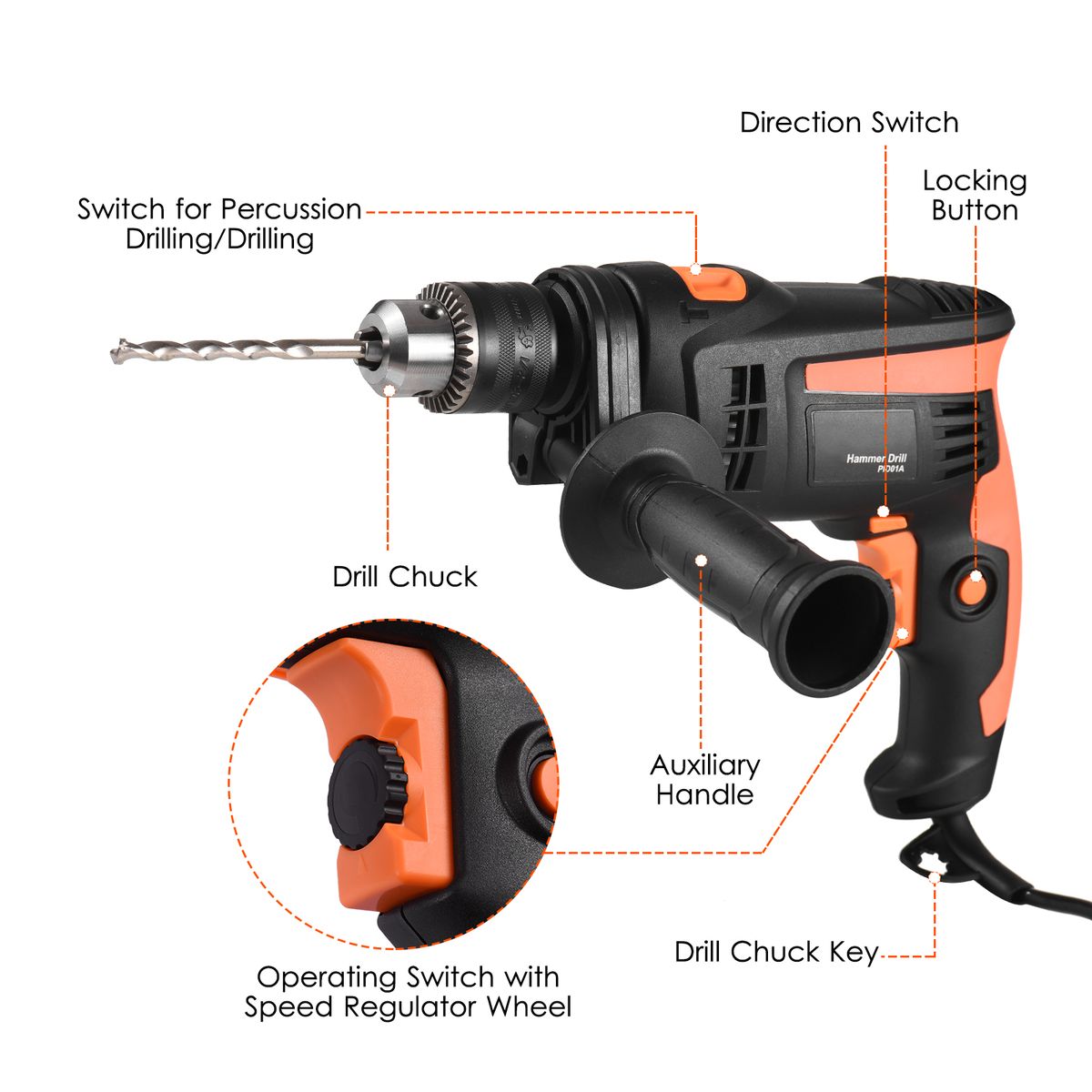710W 6-AMP Corded Electric Hammer Drill 2800RPM Variable