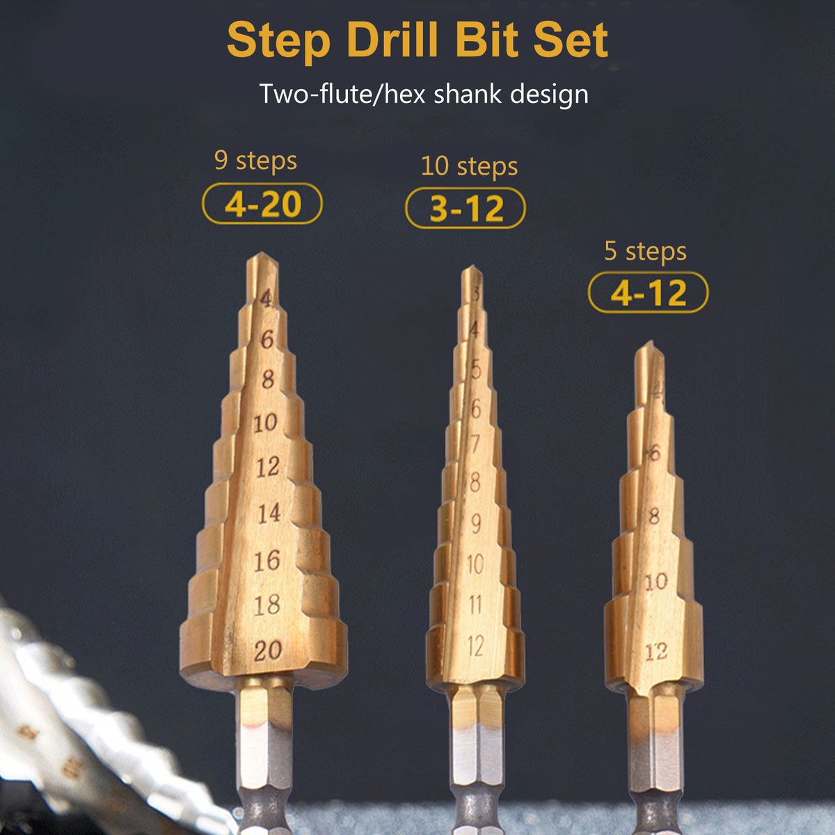 3PCS Titanium Step Drill Bit Set Multiple Hole Step Drill
