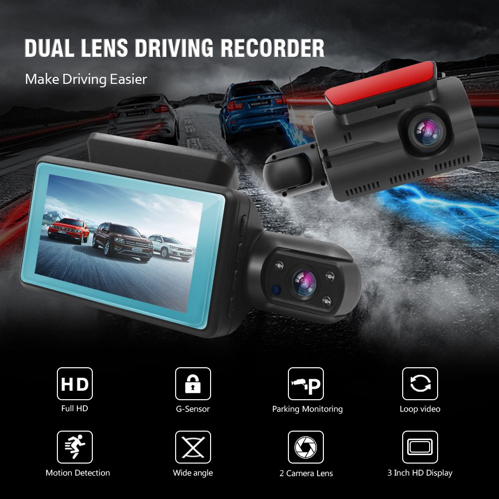 Car DVR Dash Cam Dual Lens FHD 3.0 Inch Dash Cam Auto Video Recorder Registrator Dvrs With Infrared Red Night Vision G-sensor