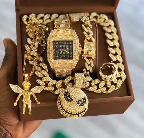 Top Selling Iced Studded Collection Of Solid WristWatch + Necklace,Rings & Bracelet For Big Boys