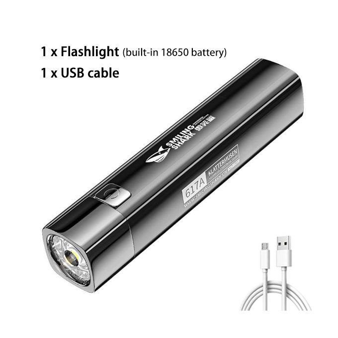 LED Strong Light Portable Flashlight USB Rechargeable - Black