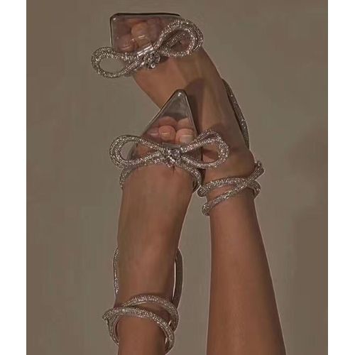 (9cm Pink)Transparent PVC Women High-Heeled Shoes Butterfly-Knot Bling Cross-Tied Pointed Toe  JIN