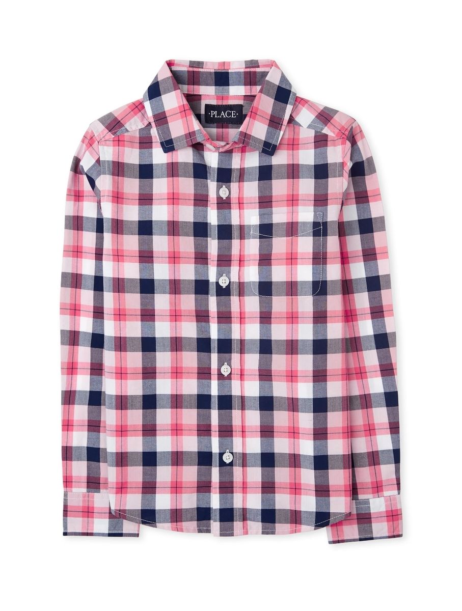 Boys Long Sleeve Turn Up Plaid Box Shirt - PInk Blue