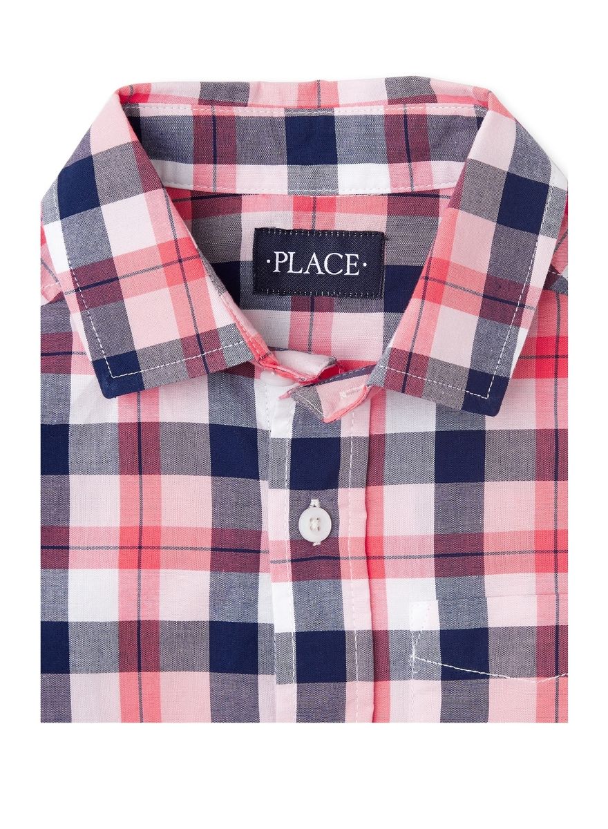 Boys Long Sleeve Turn Up Plaid Box Shirt - PInk Blue