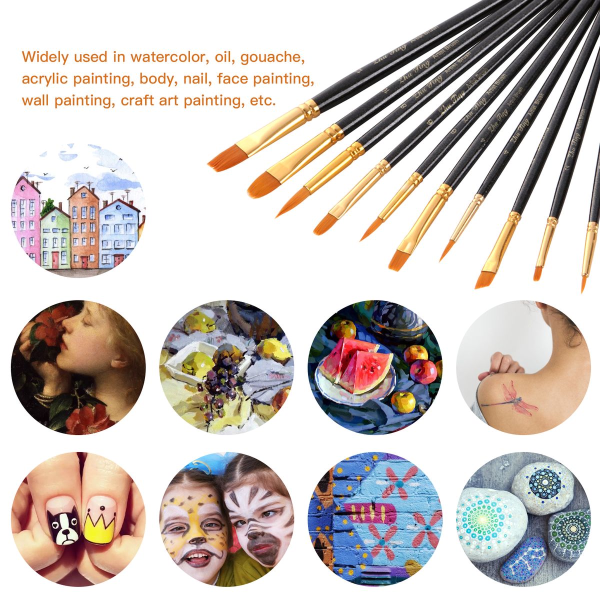 10pcs Artists Paint Brushes Nylon Hair Wooden Handle