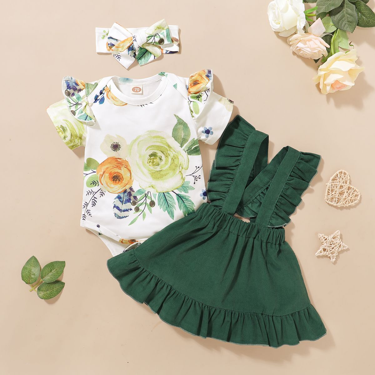 Baby Girls Dress Short Sleeve Rose Floral Short Sleeve Bodysuit + Green Suspender Skirt + Headband