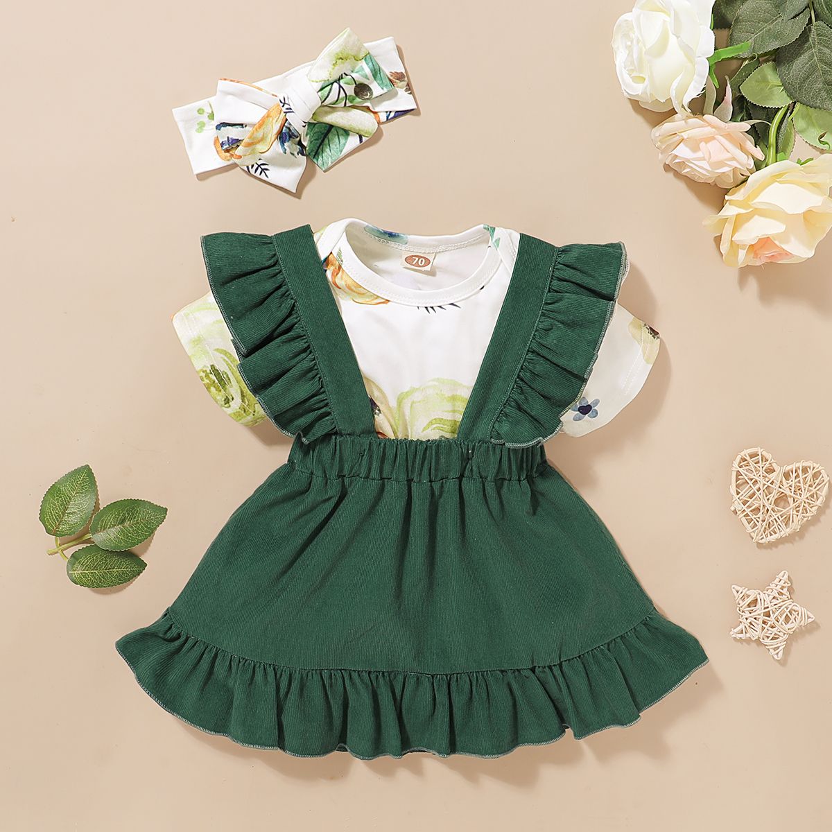 Baby Girls Dress Short Sleeve Rose Floral Short Sleeve Bodysuit + Green Suspender Skirt + Headband