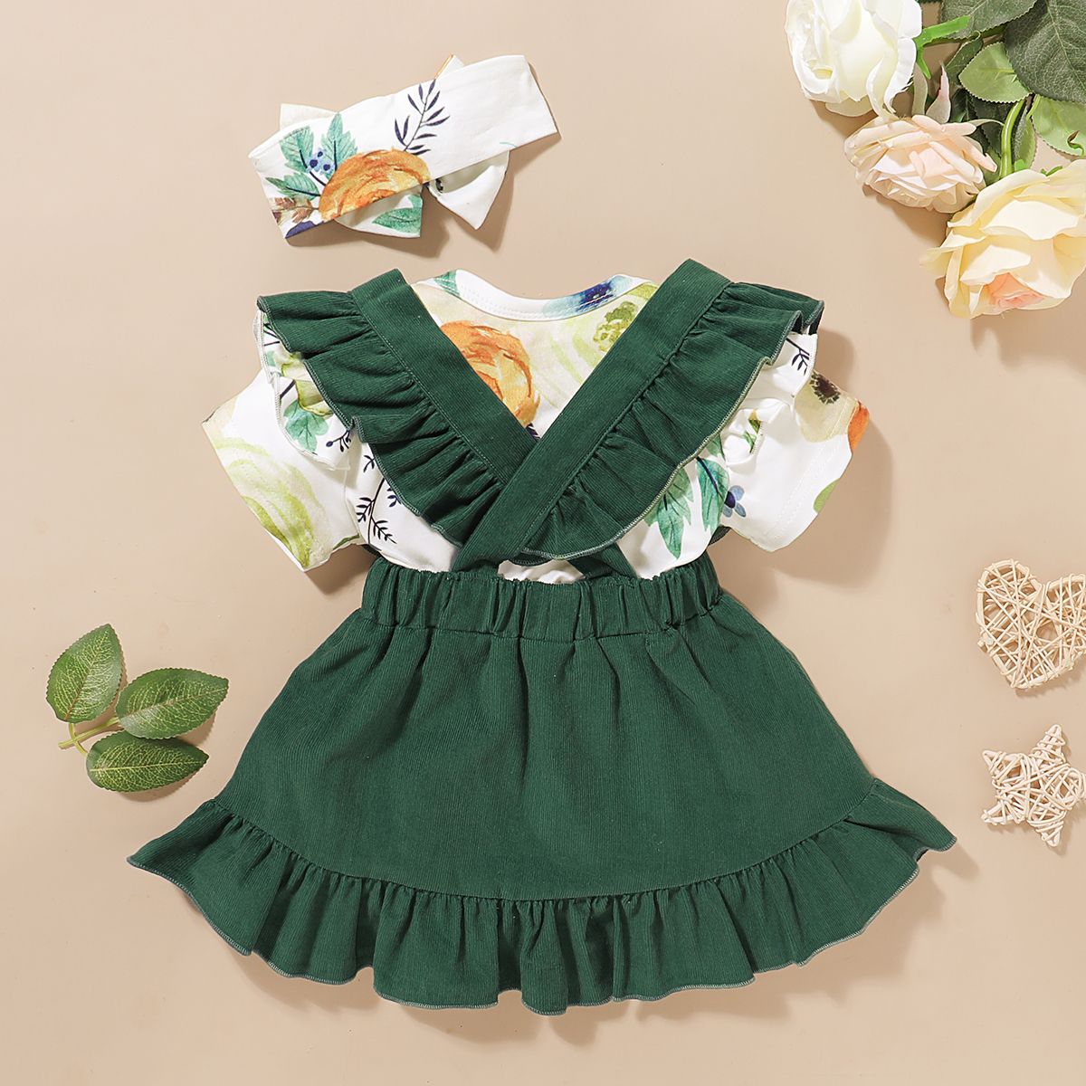 Baby Girls Dress Short Sleeve Rose Floral Short Sleeve Bodysuit + Green Suspender Skirt + Headband