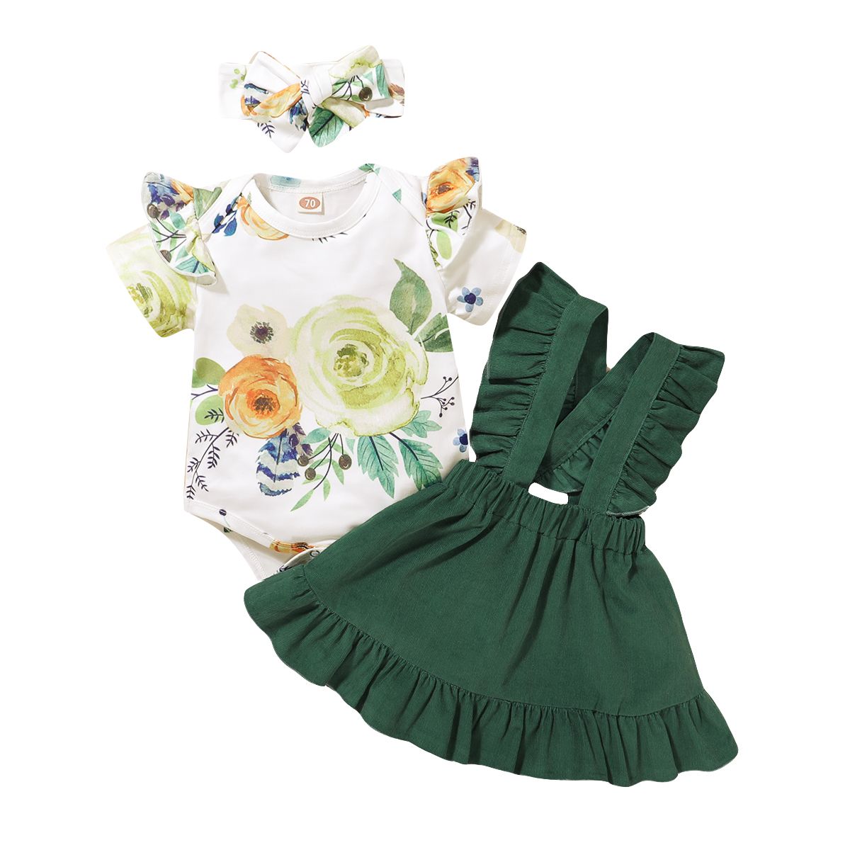 Baby Girls Dress Short Sleeve Rose Floral Short Sleeve Bodysuit + Green Suspender Skirt + Headband
