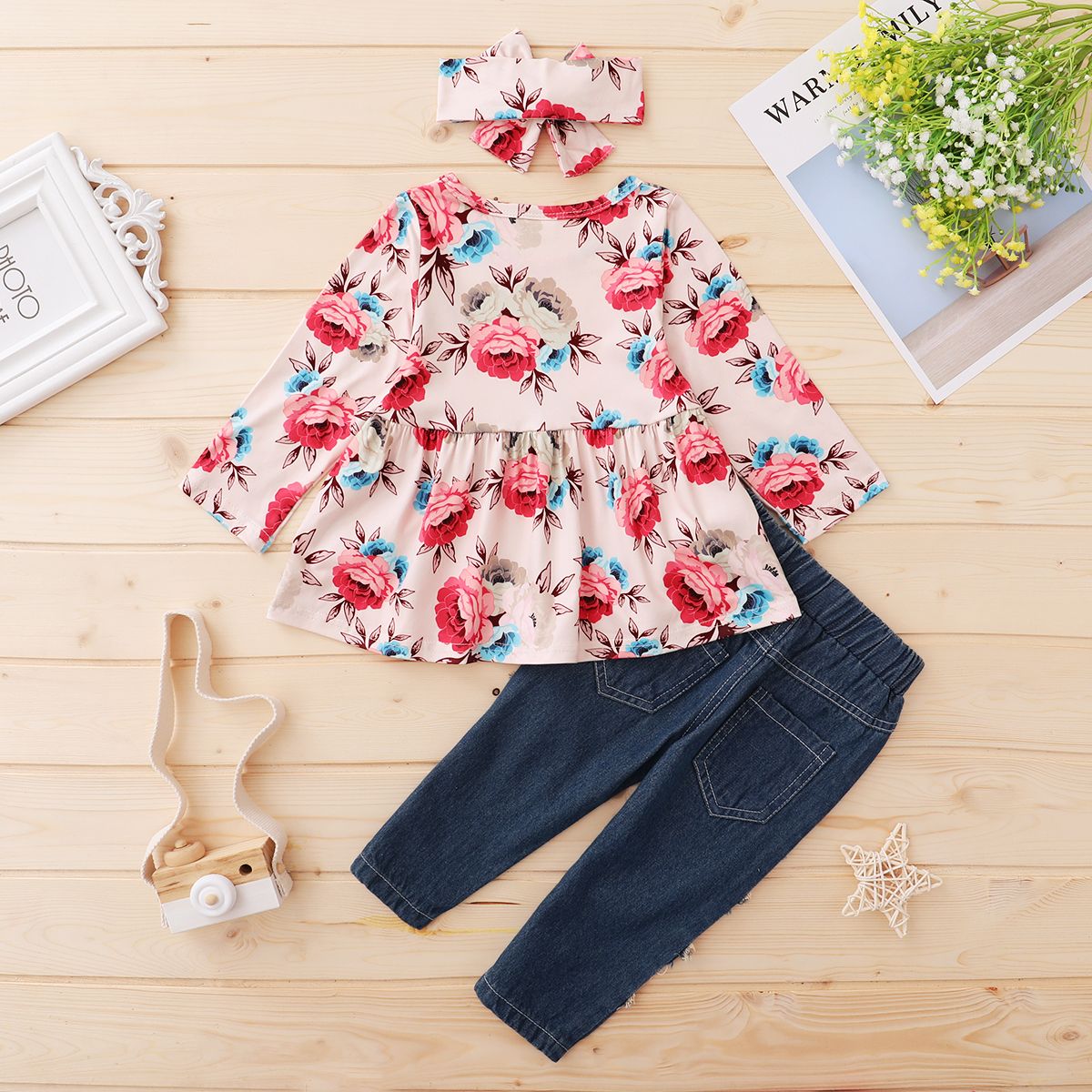 0-4Y Baby Girls Spring Autumn Floral Long Sleeves Blouse Ripped Jeans