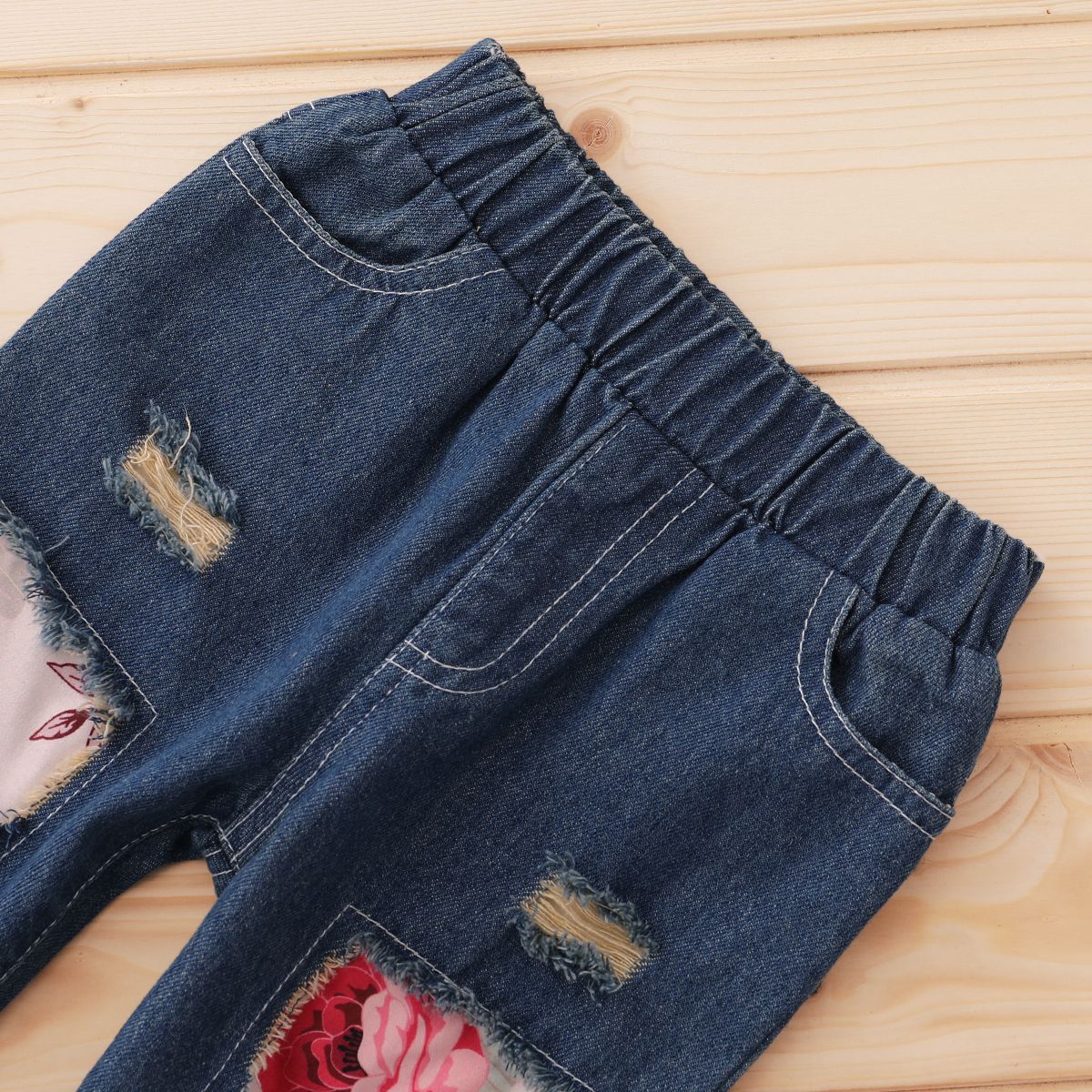 0-4Y Baby Girls Spring Autumn Floral Long Sleeves Blouse Ripped Jeans