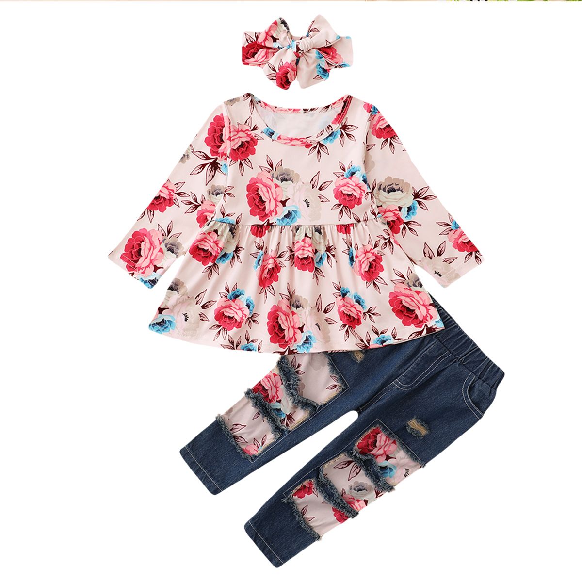 0-4Y Baby Girls Spring Autumn Floral Long Sleeves Blouse Ripped Jeans