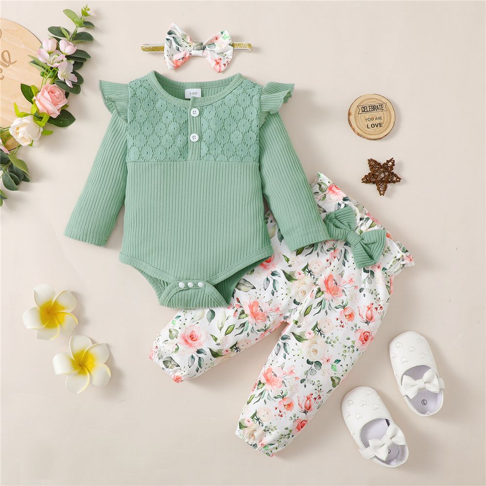 0-18 Months Infant Baby Girl 3PCS Set/Ribbed Long Sleeve Bodysuit+Pants+Headwear