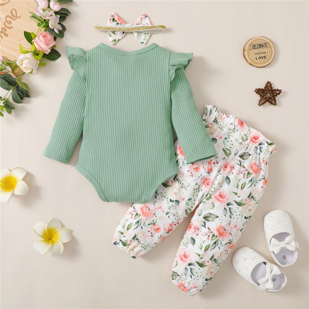 0-18 Months Infant Baby Girl 3PCS Set/Ribbed Long Sleeve Bodysuit+Pants+Headwear