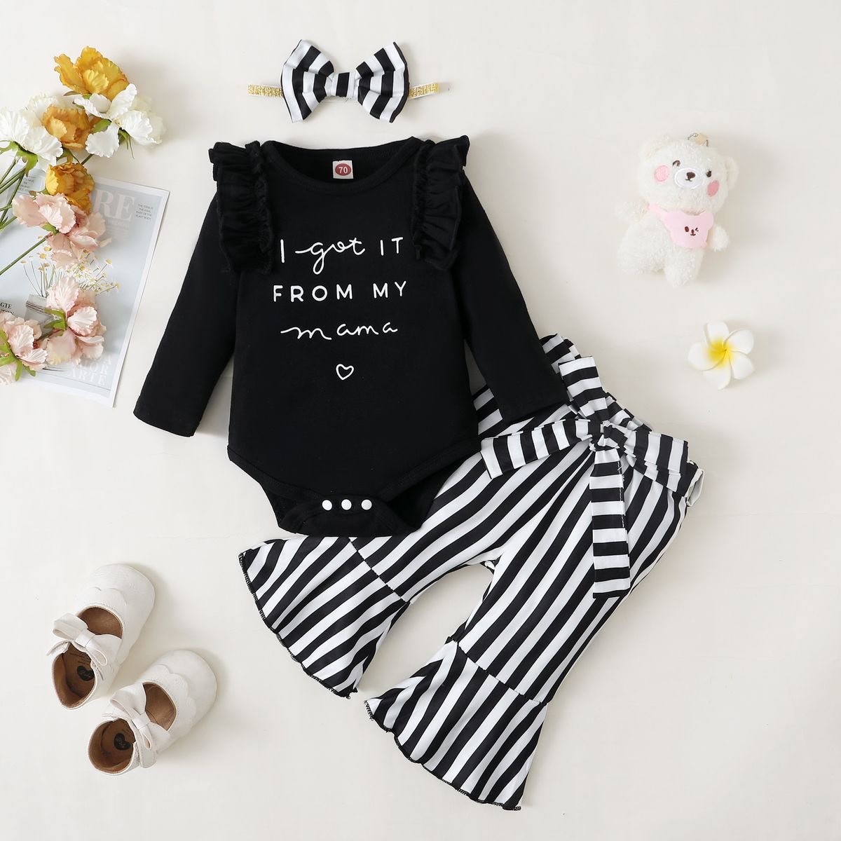0-18Months Infant Baby Girl 3PCS Set/Long Sleeve Bodysuit+Stripe Pants+Headwear