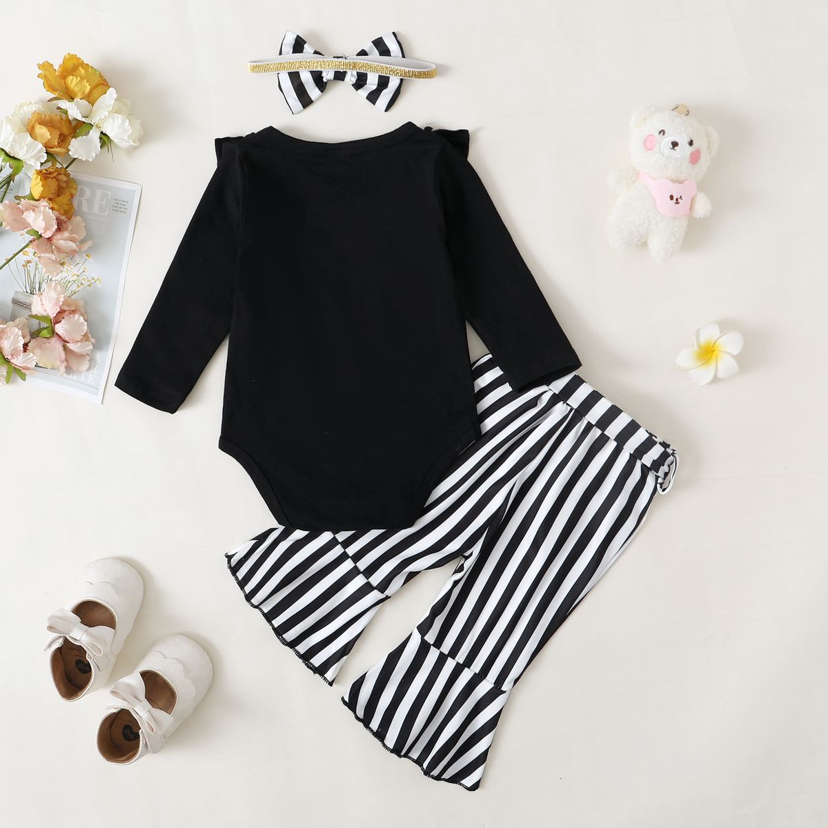 0-18Months Infant Baby Girl 3PCS Set/Long Sleeve Bodysuit+Stripe Pants+Headwear