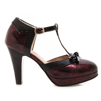 T Bar Bow Glossy Patent Leather Platform Heel Shoe - Wine