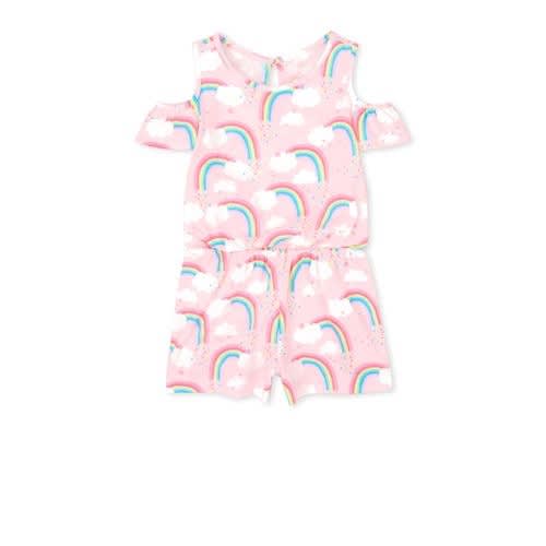 Girls Rainbow Cold Shoulder Romper Jumpsuit- Pink