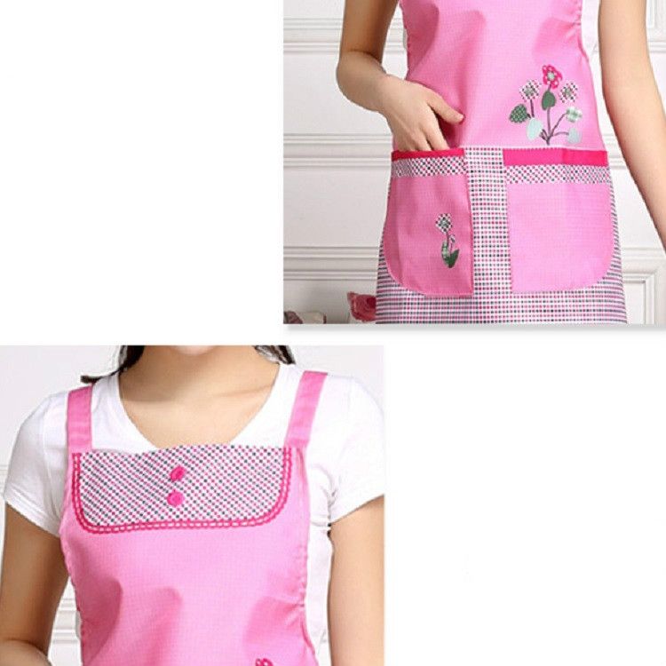 Home Adult Sleeveless Waterproof Grid Anti-oil Aprons With Double Pocket(Pink)