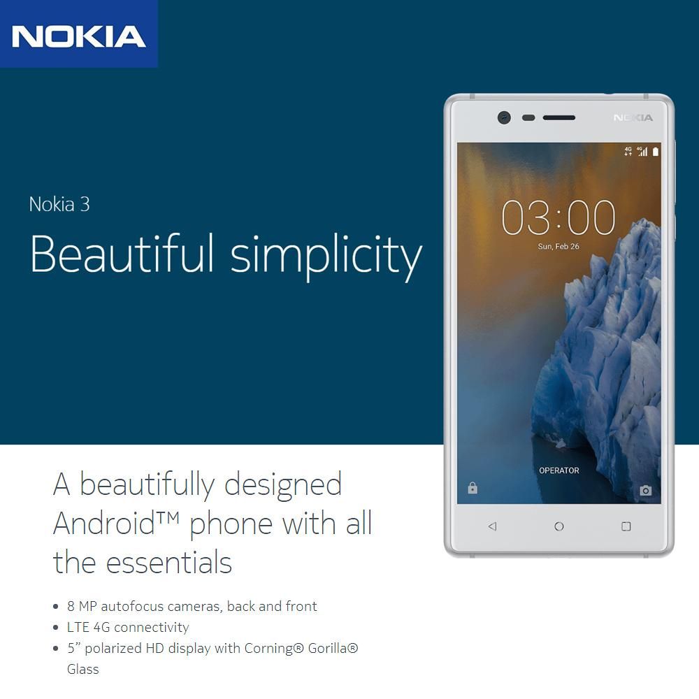 Nokia 3 4G Mobile Phone 5inch 2GB+6GB 8MP+8MP Camera 2630mAh MT6737 Quad Core Android 7.1 NFC Mobile Phone