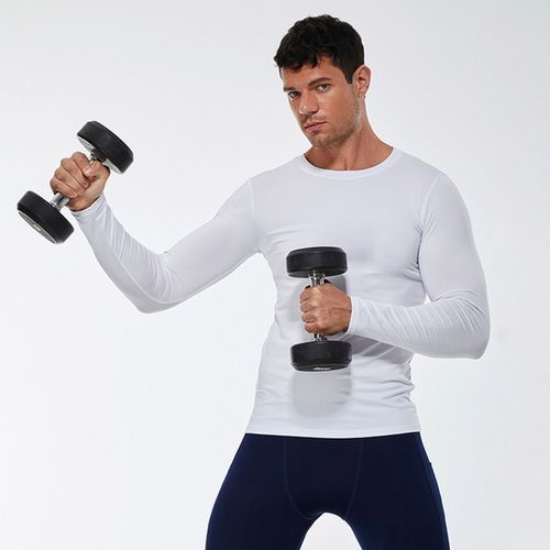 Men's Training Sports T-Shirt Fitness Compression Long Sleeve Tops（White）