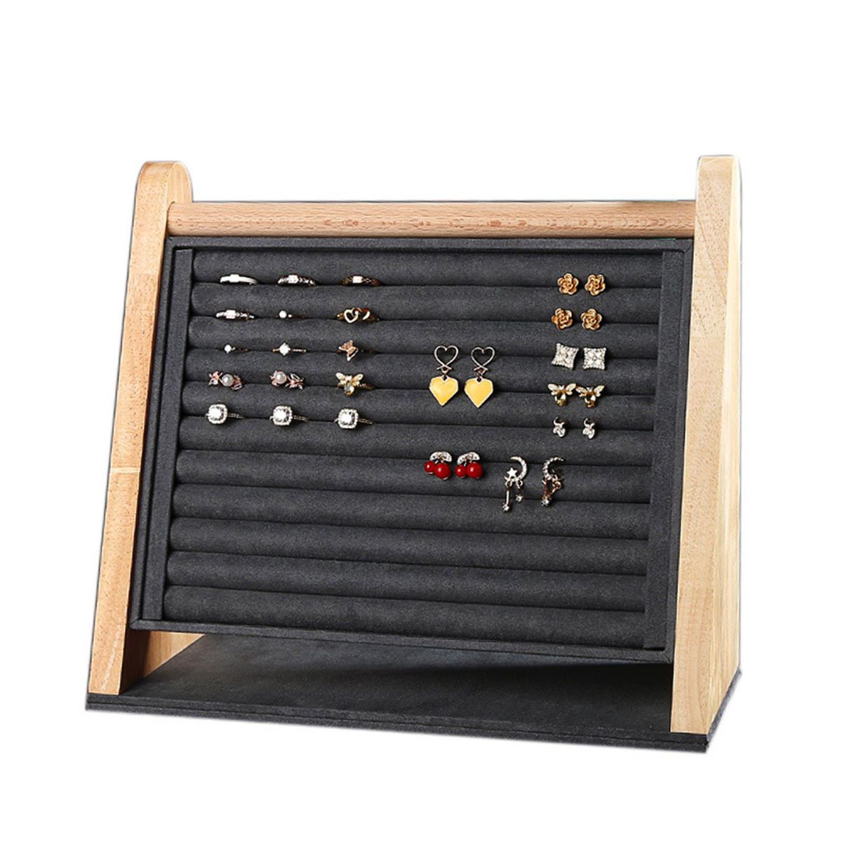 Wood Rings Display Stand Tray 10 Slots Rack For Jewelry Black