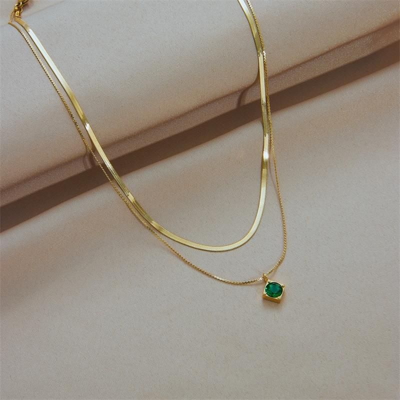 DIEYURO 316L Stainless Steel Green Zircon Pendant Necklace For Women Fashion Luxury Gold Color 2in1 Chain Girl Neck Jewelry Gift