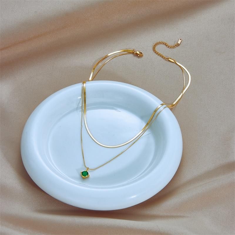 DIEYURO 316L Stainless Steel Green Zircon Pendant Necklace For Women Fashion Luxury Gold Color 2in1 Chain Girl Neck Jewelry Gift
