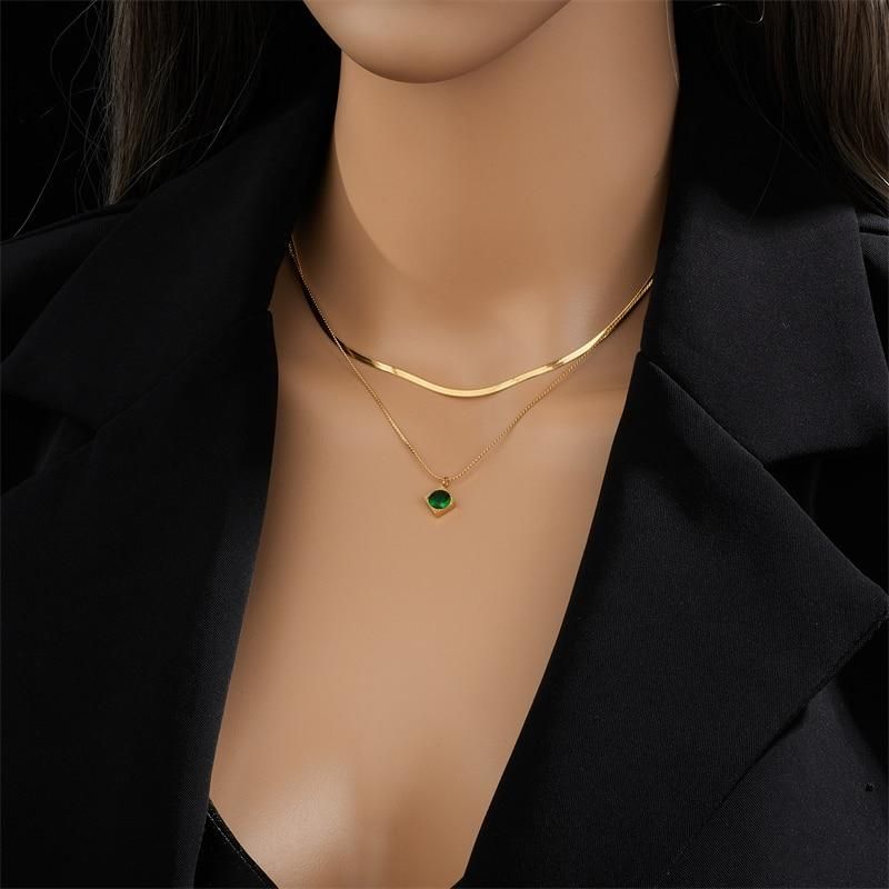DIEYURO 316L Stainless Steel Green Zircon Pendant Necklace For Women Fashion Luxury Gold Color 2in1 Chain Girl Neck Jewelry Gift