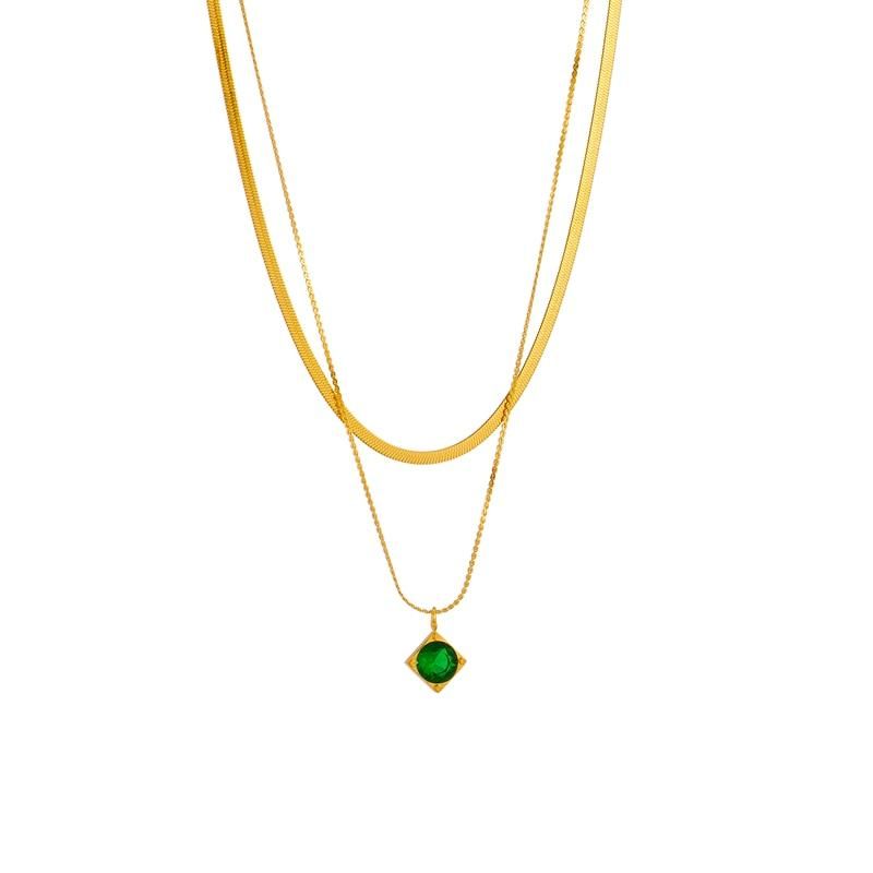 DIEYURO 316L Stainless Steel Green Zircon Pendant Necklace For Women Fashion Luxury Gold Color 2in1 Chain Girl Neck Jewelry Gift