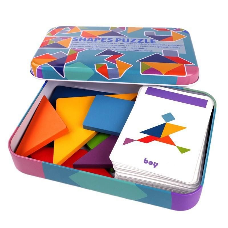 Cross-border CPC CE Creative Tangram Iron Box Multifunctional Children's Wooden Toys Intellectual Puzzle Egg Shaped Ninegrams