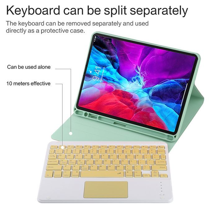 TG11BC Detachable Bluetooth Yellow Keyboard Microfiber Leather Protective Case For IPad Pro 11 Inch (2020), With Touchpad & Pen Slot & Holder (Green)