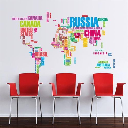 Large World Map Strong Adhesive Wall Stickers Colored