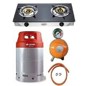 12.5kg Gas Cylinder With Glass Top Double Burner, Metered Regulator, Hose And Clip