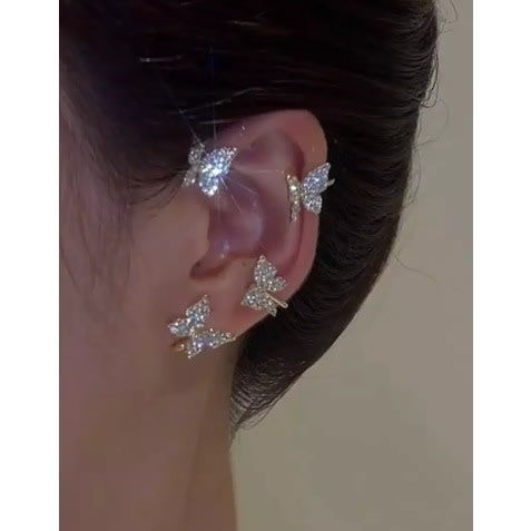 1 Piece Rhinestone Butterfly Ear Cuff Earring- Gold