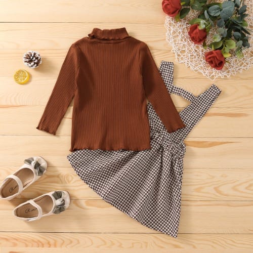 Fifi Turtle Top & Plaid Pinafore 2pieces - Brown