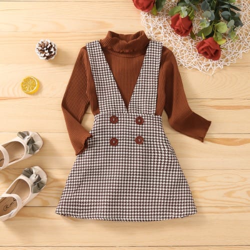 Fifi Turtle Top & Plaid Pinafore 2pieces - Brown