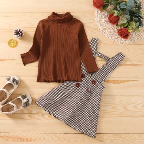 Fifi Turtle Top & Plaid Pinafore 2pieces - Brown