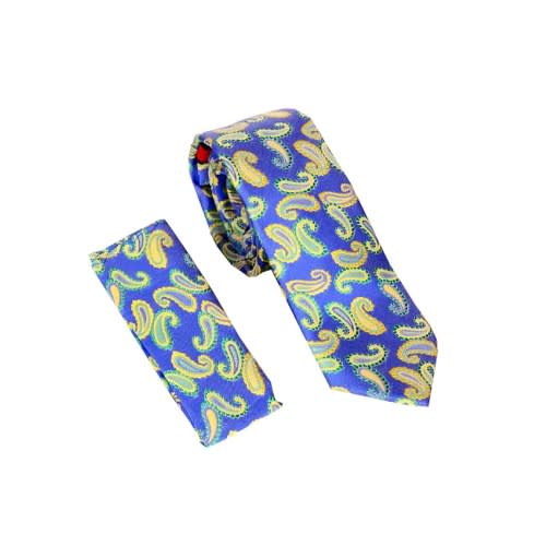 Paisley Pattern Tie & Pocket Square- Blue Yellow