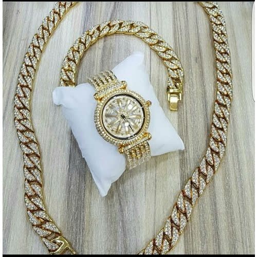 Men's Iced Stone Rolling Watch With Necklace And Blacelet