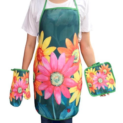 Flower Pattern Apron + Oven Gloves And Pot Holder