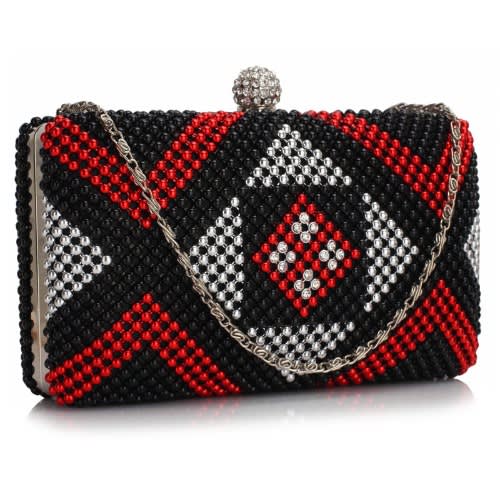 Beaded Rhinestone Clutch Bag -Black & Red