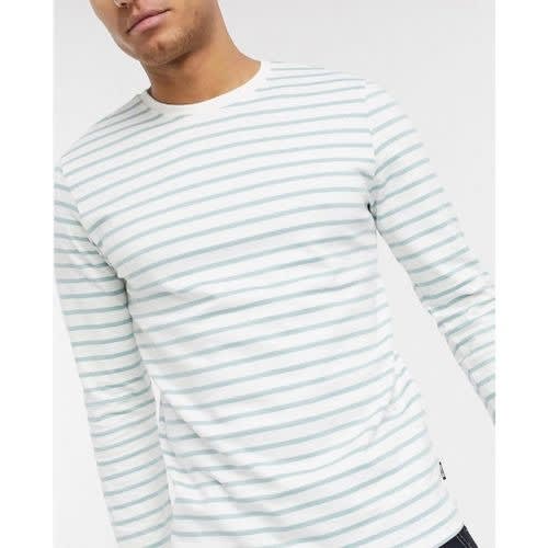 Men's Long Sleeve White/green Stripes T-shirt In A Pack Of 24pcs