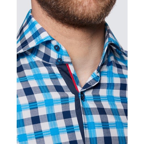 Men's Curtis White & Blue Check Slim Fit Shirt - High Collar