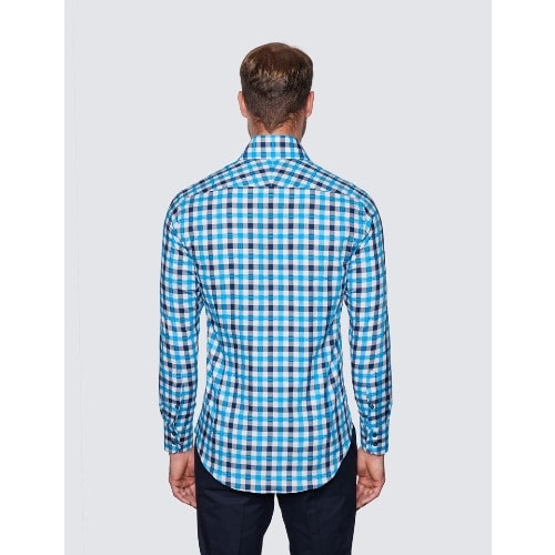Men's Curtis White & Blue Check Slim Fit Shirt - High Collar