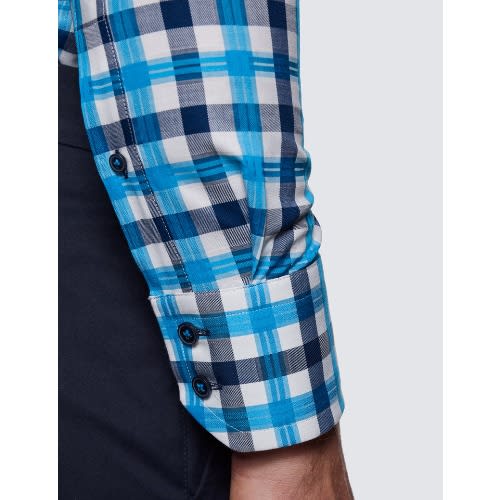 Men's Curtis White & Blue Check Slim Fit Shirt - High Collar