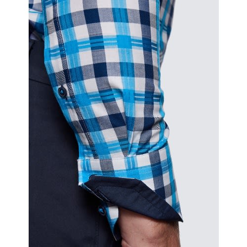 Men's Curtis White & Blue Check Slim Fit Shirt - High Collar