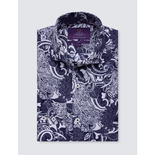 Men's Curtis Navy & White Paisely Print Cotton Stretch Shirt - High Collar