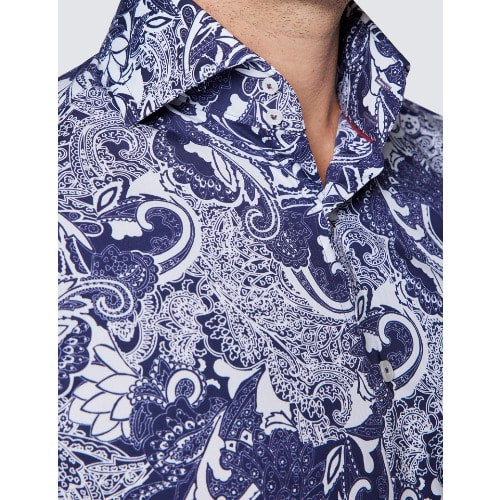 Men's Curtis Navy & White Paisely Print Cotton Stretch Shirt - High Collar